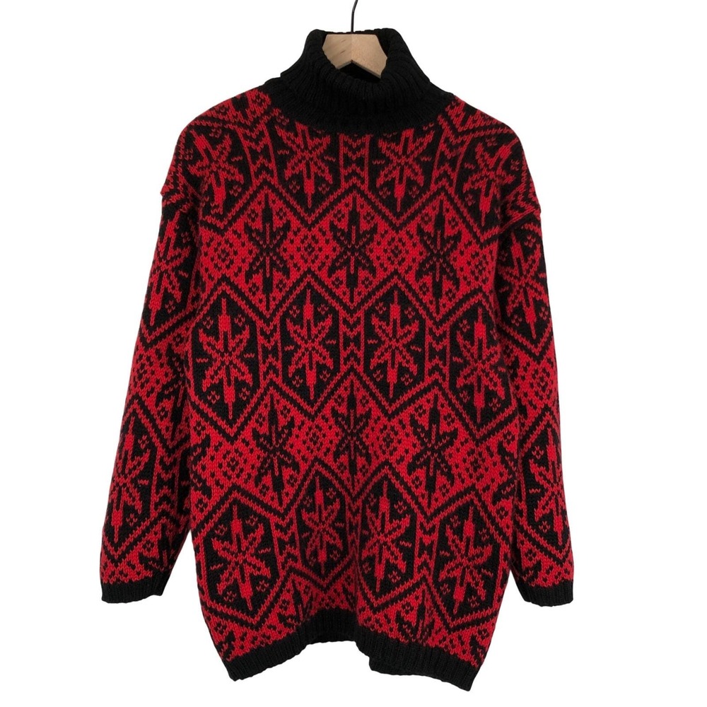 VTG GAP 100% Wool Fair Isle Snowflake Turtleneck Sweater Sz M Red Black